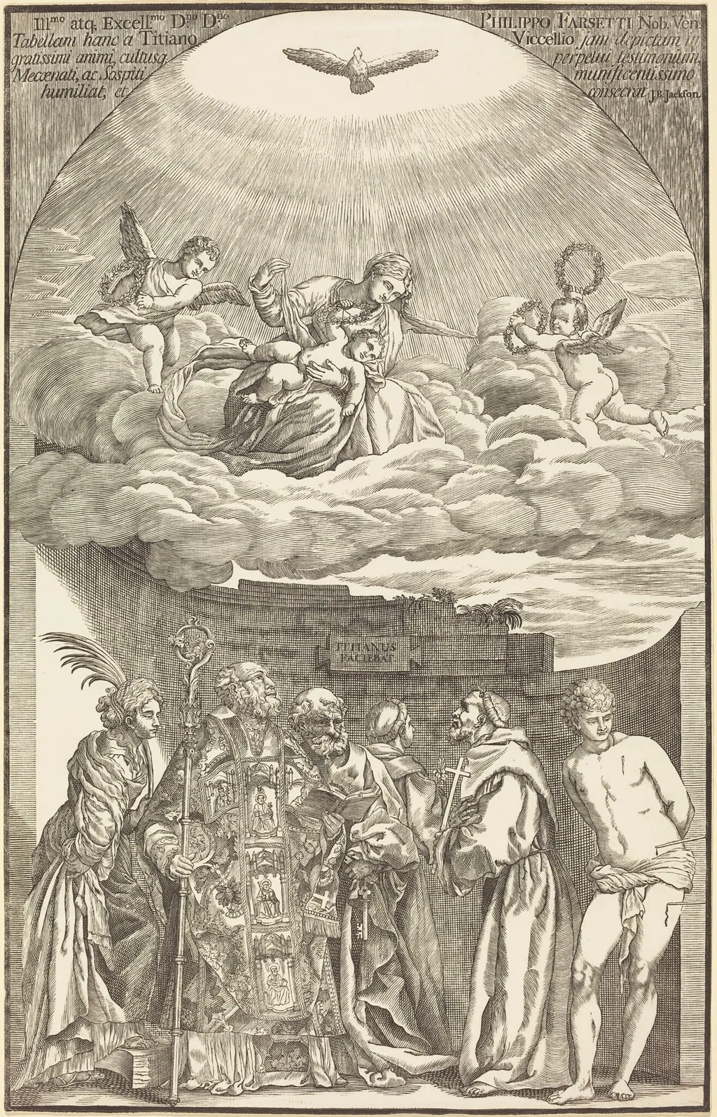 The Virgin in Clouds and Six Saints, by John Baptist Jackson, ink, 1742