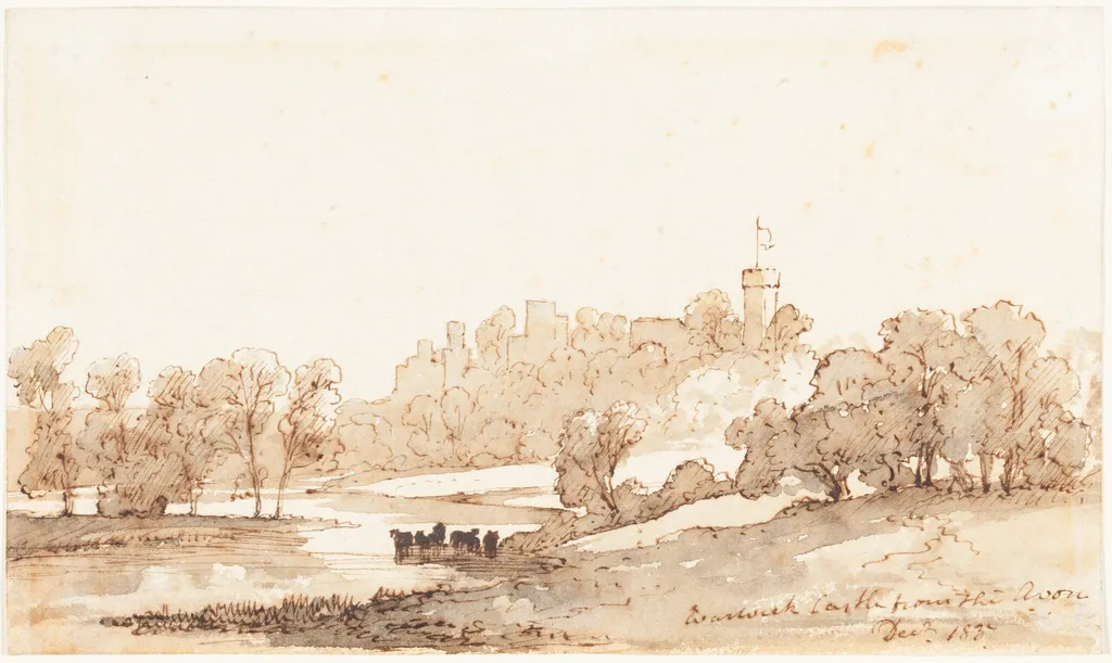 Warwick Castle from the Avon, by John Baverstock Knight, ink, 1837