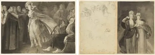Woman Standing among the Friars (recto) Sketches of Heads (verso, left); Two Women (verso, right), by John Brown