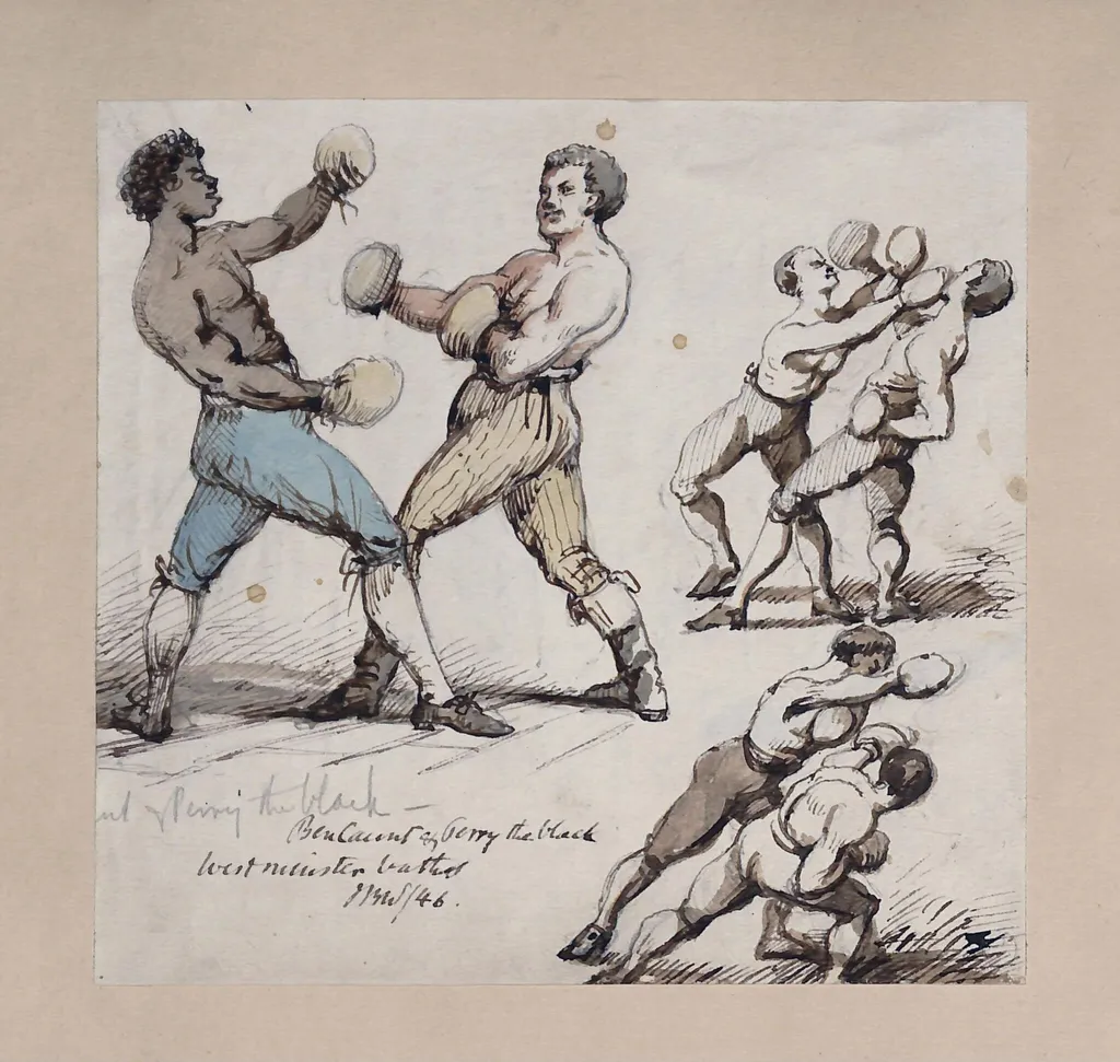 Boxing match: Ben Caunt and John Perry (Perry the Black), Westminster Baths, by John Burley Waring, watercolor, 1846
