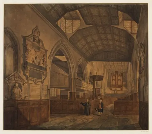Interior view of the Church of St. Giles, Cripplegate, by John Carter