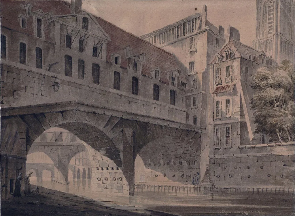 The Pont de l'Hotel Dieu and the South Tower of Notre Dame, Paris, by John Claude Nattes, watercolor, 1780