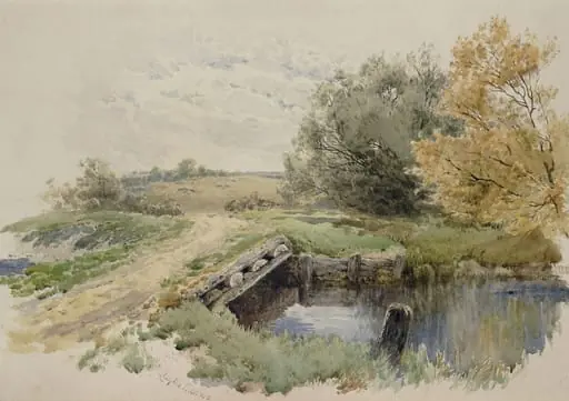 Landscape with bridge over stream, by John Clayton Adams