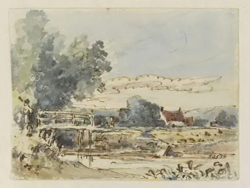 A bridge over a stream, with a cottage behind, by John Constable