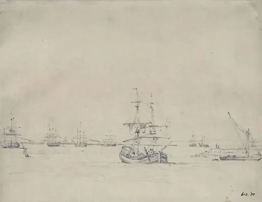 A brig at anchor and other shipping in the Thames, by John Constable