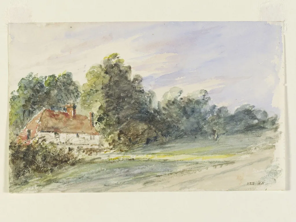 A cottage with a red-tiled roof, by a wood, by John Constable, watercolor, 1834