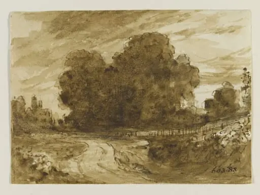 A country road with elm trees, by John Constable