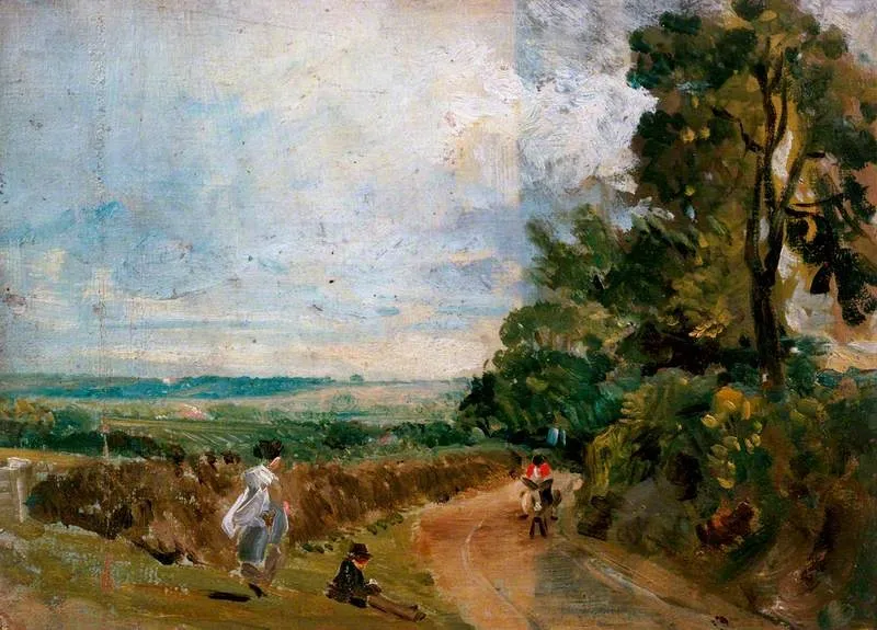 A Country Road with Trees and Figures (recto), by John Constable, oil, 1830