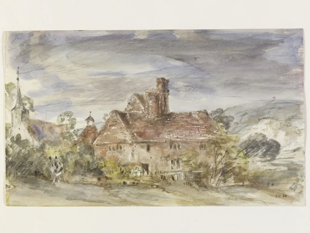 A farmhouse and church at Houghton, Sussex, by John Constable, watercolor, 12
