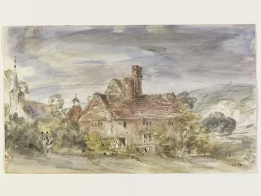 A farmhouse and church at Houghton, Sussex, by John Constable