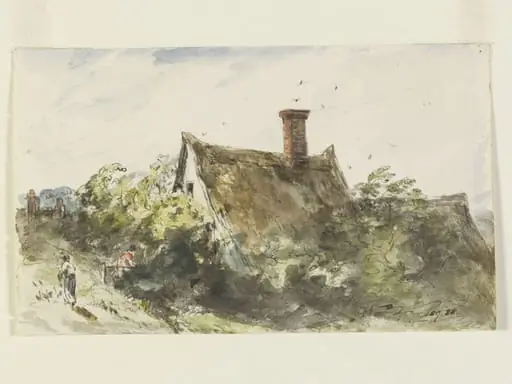 A thatched cottage and two figures, by John Constable