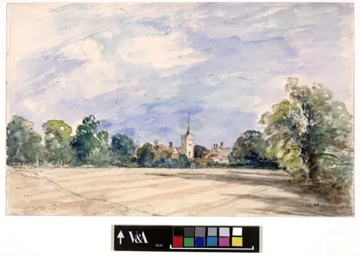A village seen over a ploughed field, by John Constable