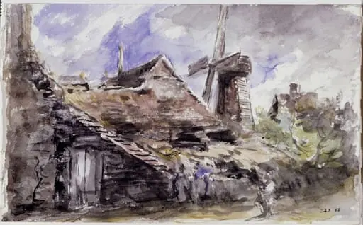 A village street with a shed, cottages and windmill, by John Constable