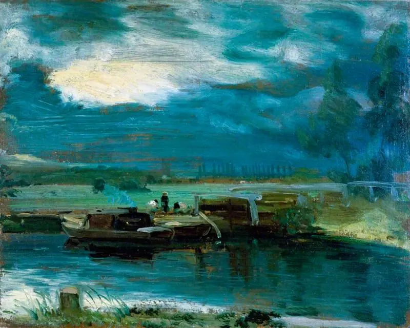 Barges on the Stour with Dedham Church in the Distance, by John Constable