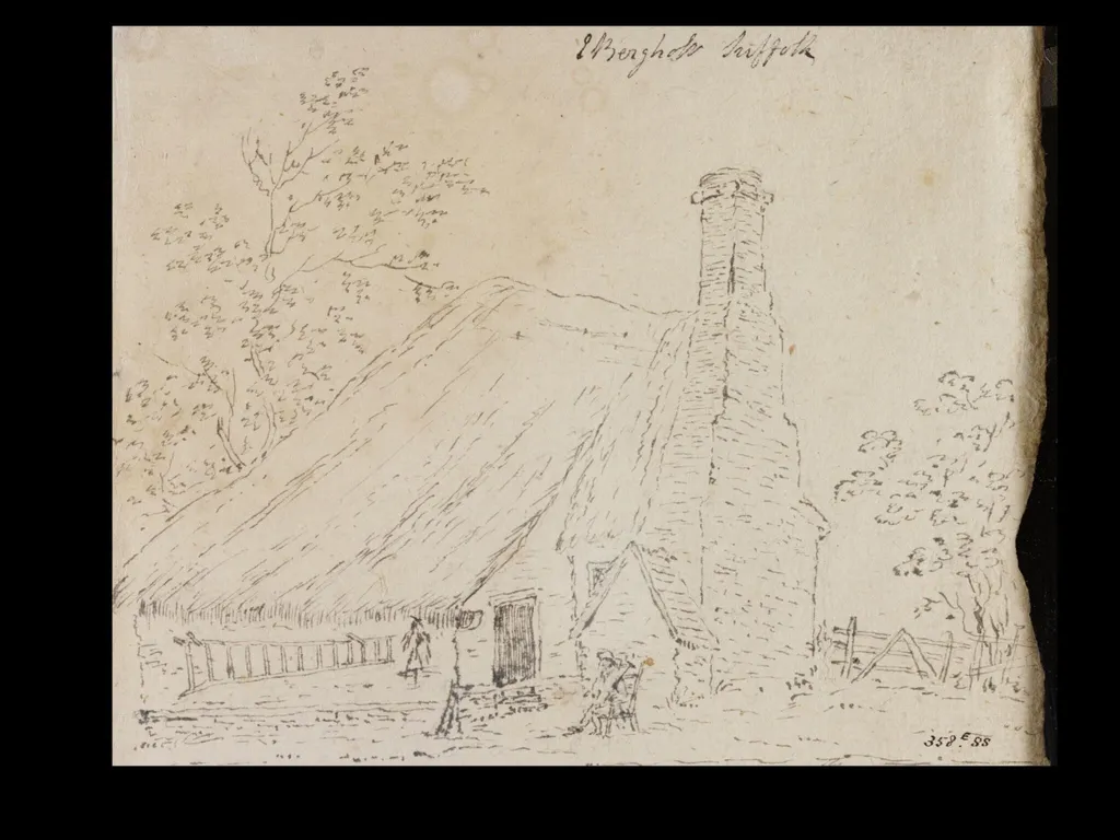 Cottage at East Bergholt, with a cottager, by John Constable, 1796