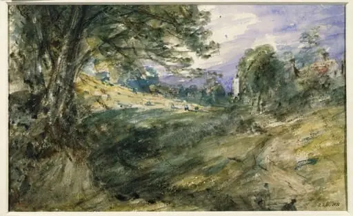 Cottages on high ground., by John Constable