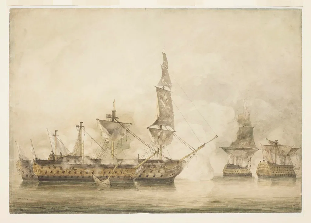 His Majesty's ship "Victory", Capt. E. Harvey, in the memorable battle of Trafalgar, between two French ships of the line, by John Constable, watercolor, 1806