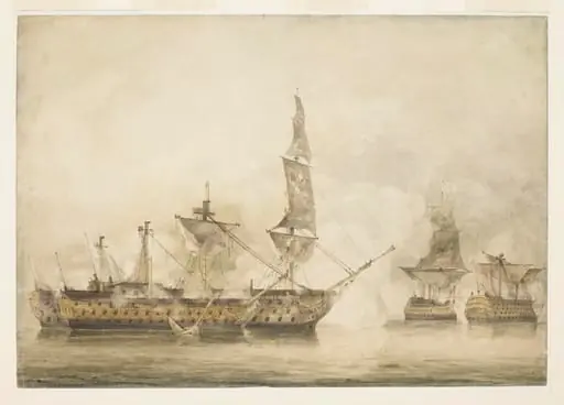 His Majesty's ship "Victory", Capt. E. Harvey, in the memorable battle of Trafalgar, between two French ships of the line, by John Constable