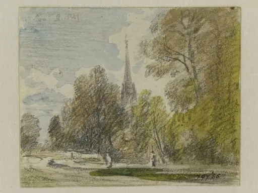 Salisbury Cathedral with trees, by John Constable