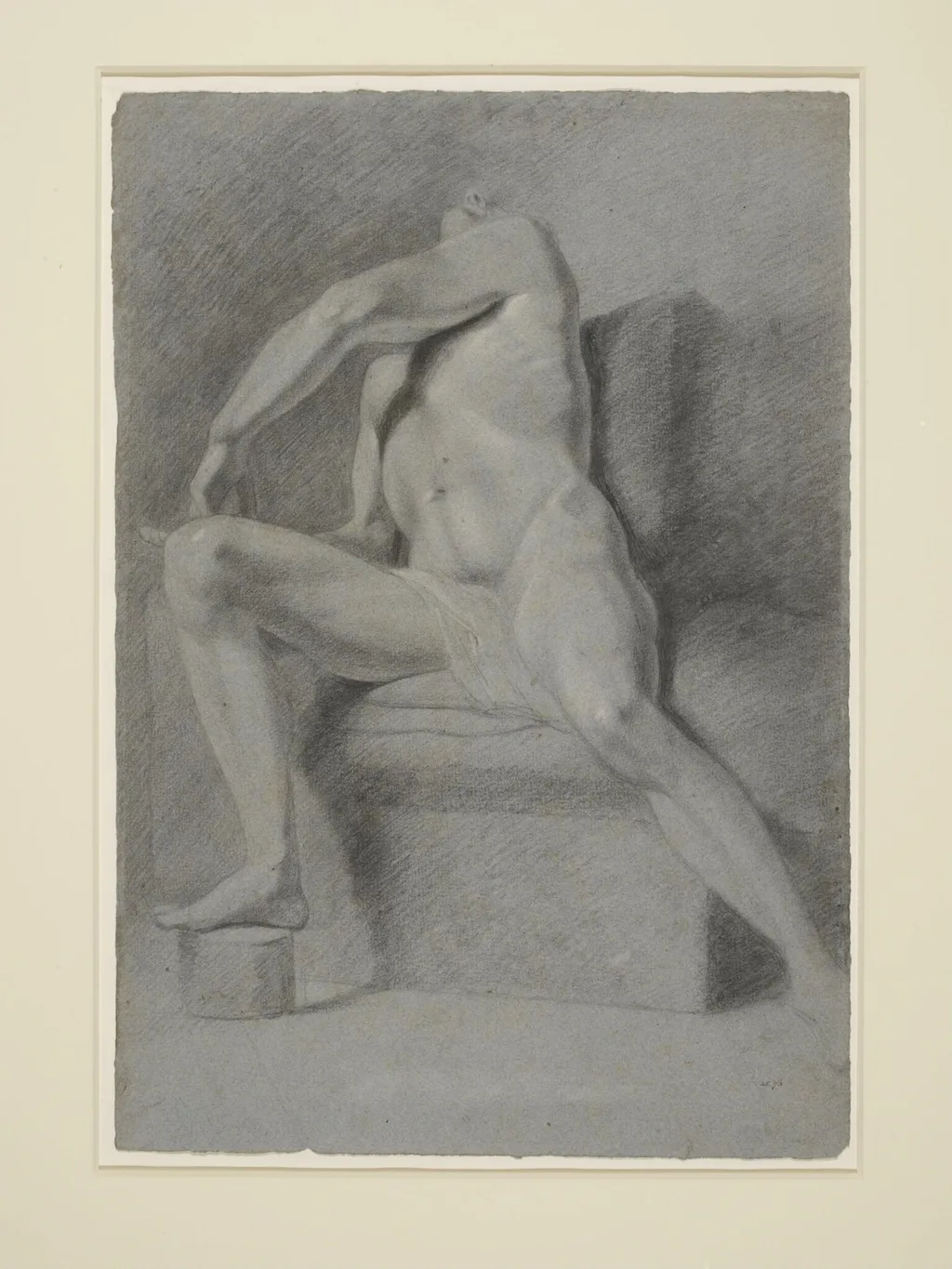 Study of a male nude figure, seated, with his right foot on a round block and his head thrown back., by John Constable, 1800