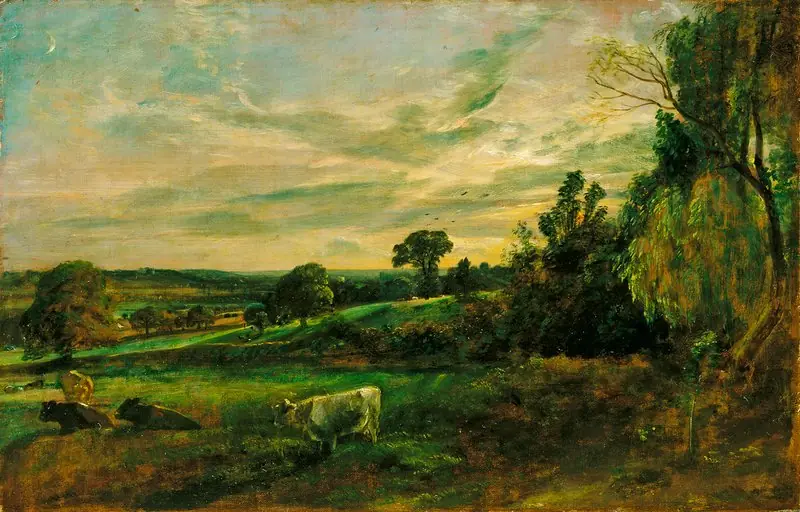 Summer Evening: View near East Bergholt Showing Langham Church, Stratford Church and Stoke-by-Nayland Church, by John Constable
