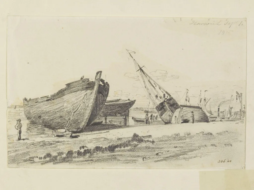 The breakwater at Harwich, with ships on the beach, by John Constable, 1815