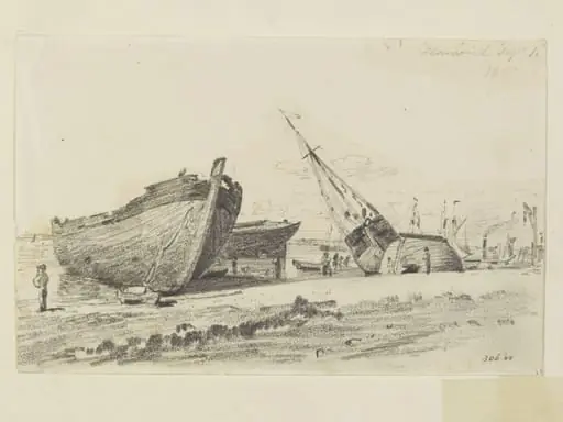 The breakwater at Harwich, with ships on the beach, by John Constable