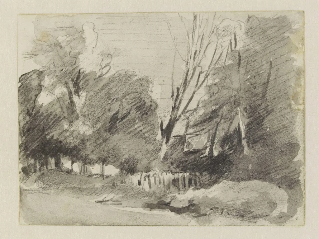 Two sketches on one sheet: a countryman walking, and a group of people beside two donkeys., by John Constable, watercolor, 1821