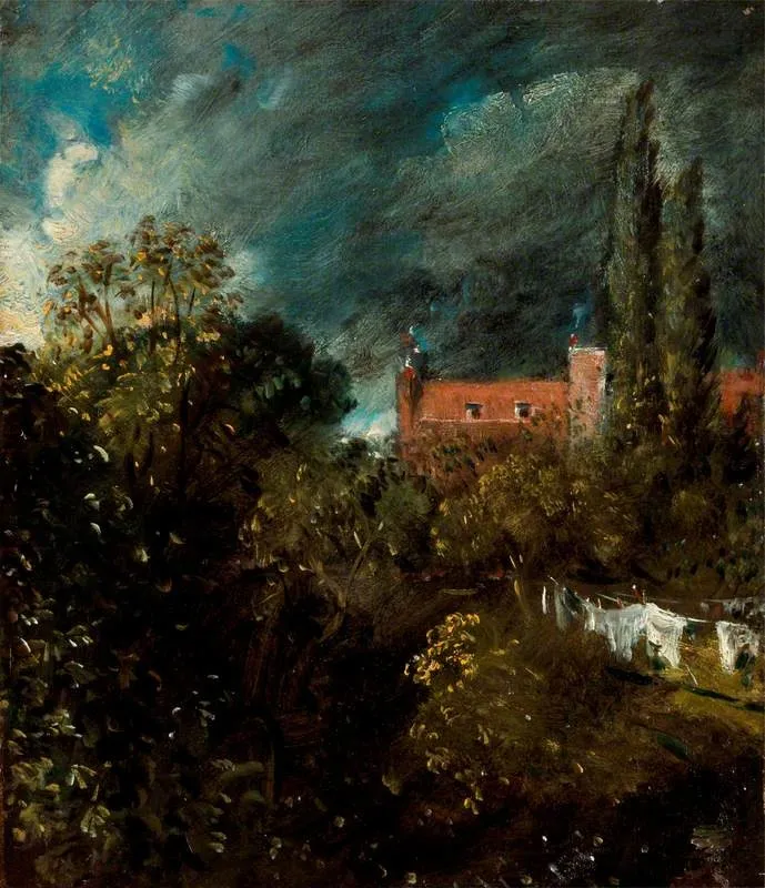 View in a Garden, with a Red House Beyond, by John Constable, oil, 1821