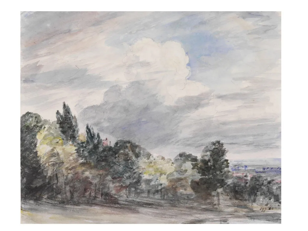 View over a wide landscape, with trees in the foreground, by John Constable, watercolor, 1832