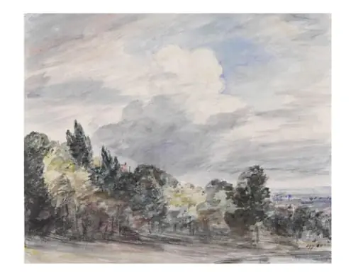 View over a wide landscape, with trees in the foreground, by John Constable