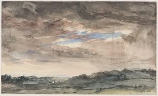 View over hilly country, with a stormy sky, by John Constable