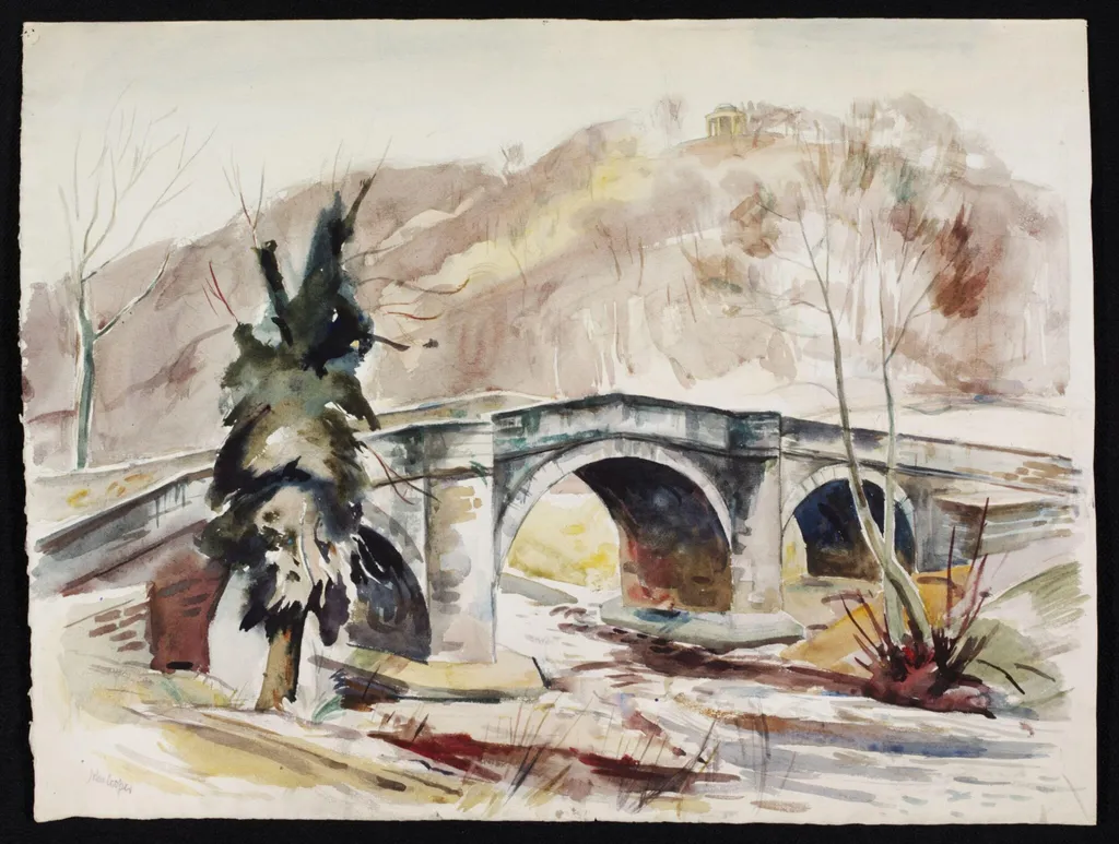 Ashberry Bridge (South side), Rievaulx, by John Cooper, watercolor, 1940