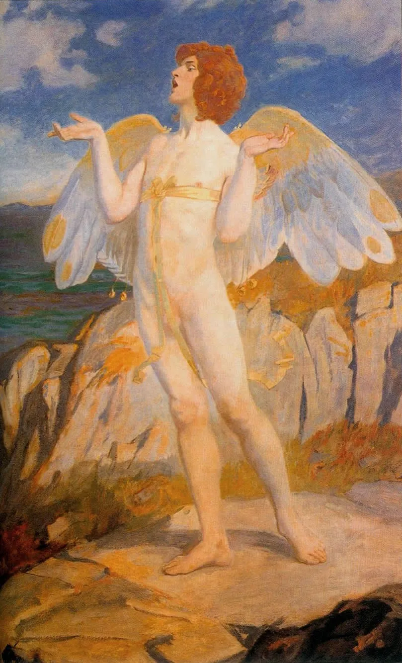Angus Og, God of Love and Courtesy, Putting a Spell of Summer Calm on the Sea, by John Duncan, oil, 1908