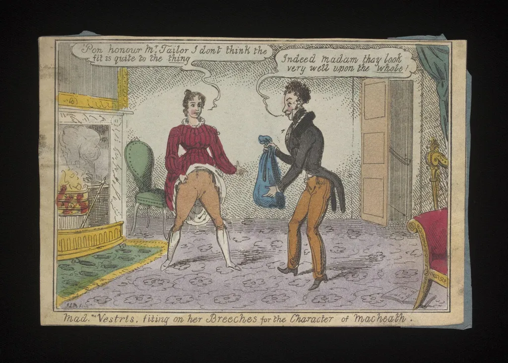 Mad. Vestris, fitting on her Breeches for the Character of Macheath, by John Duncombe, 1850