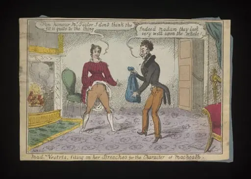 Mad. Vestris, fitting on her Breeches for the Character of Macheath, by John Duncombe