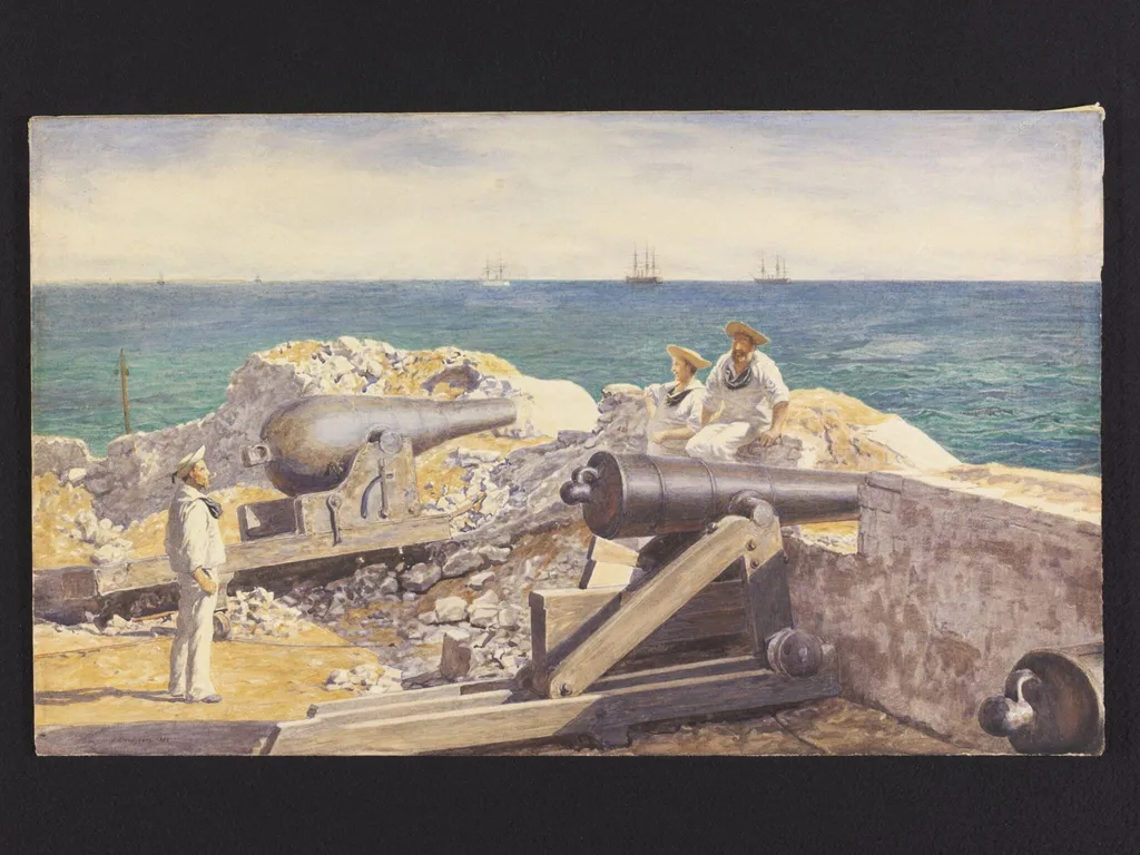 British sailors in an Egyptian Fort at Alexandria, by John Evan RA Hodgson, watercolor, 1884