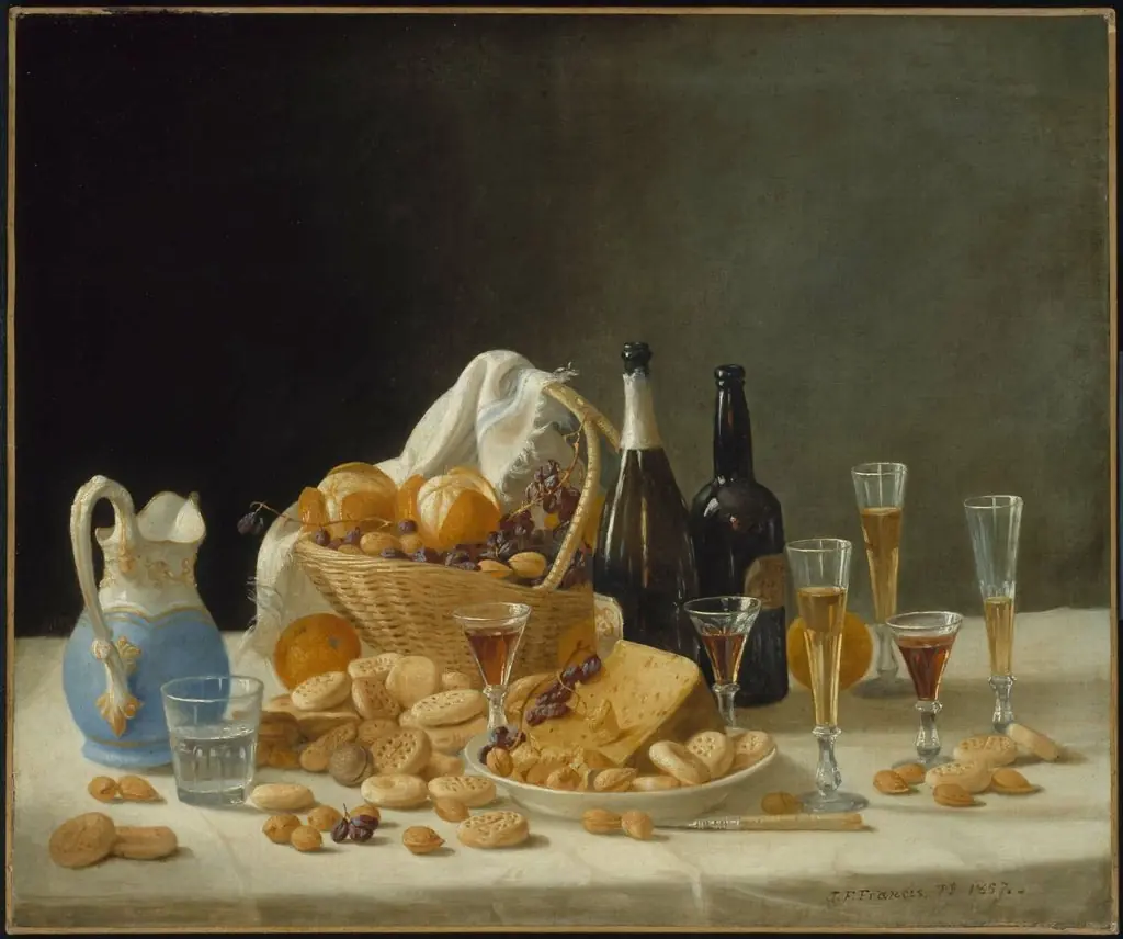 Still Life with Wine Bottles and Basket of Fruit, by John F. Francis