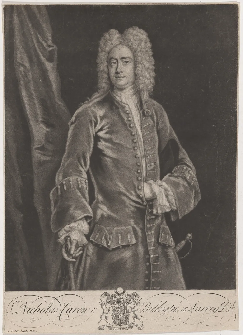 Sir Nicholas Caren of Beddington, by John Faber II, ink, 1723