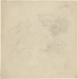 Figure Seen from behind Praying to an Apparition of a Head with Lions Below