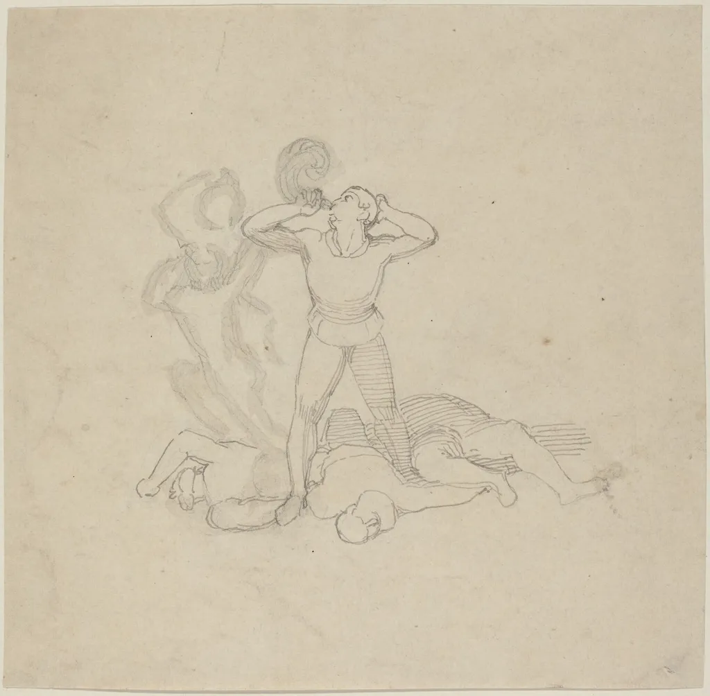 Figure Standing over Corpses, Blowing a Horn, by John Flaxman, graphite, 1795