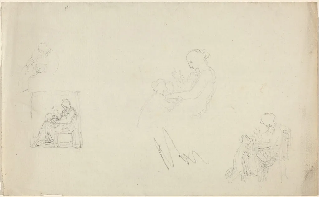 Four Studies of a Seated Woman with Children at Her Feet (Sketches for the Monument to Lady FitzHarris?), by John Flaxman, graphite, 1816