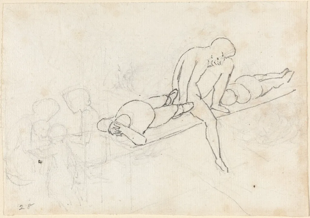 Seated Man Flanked by Two Reclining Figures; Huddle of Figures in Lower Left Corner, by John Flaxman, ink, 1790