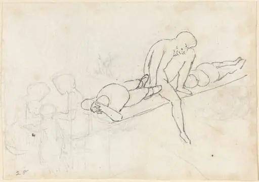 Seated Man Flanked by Two Reclining Figures; Huddle of Figures in Lower Left Corner, by John Flaxman