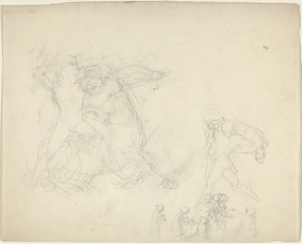 Sheet of Studies, including a Man Battling a Centaur, by John Flaxman, graphite, 1790