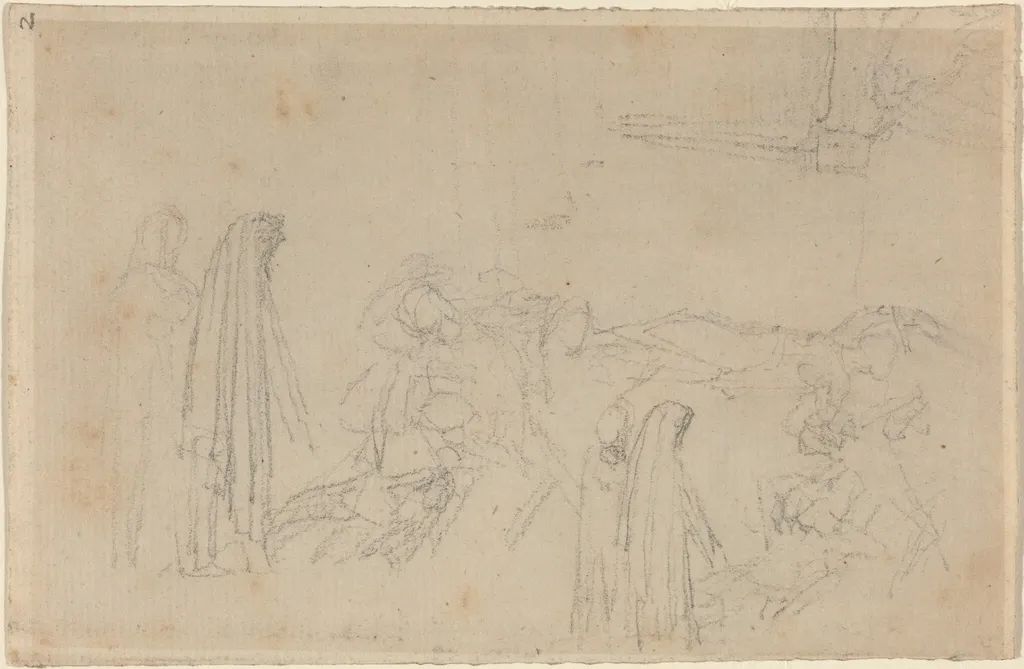 Sketches with a Hooded Figure (Virgil and Beatrice?), by John Flaxman, graphite, 1790