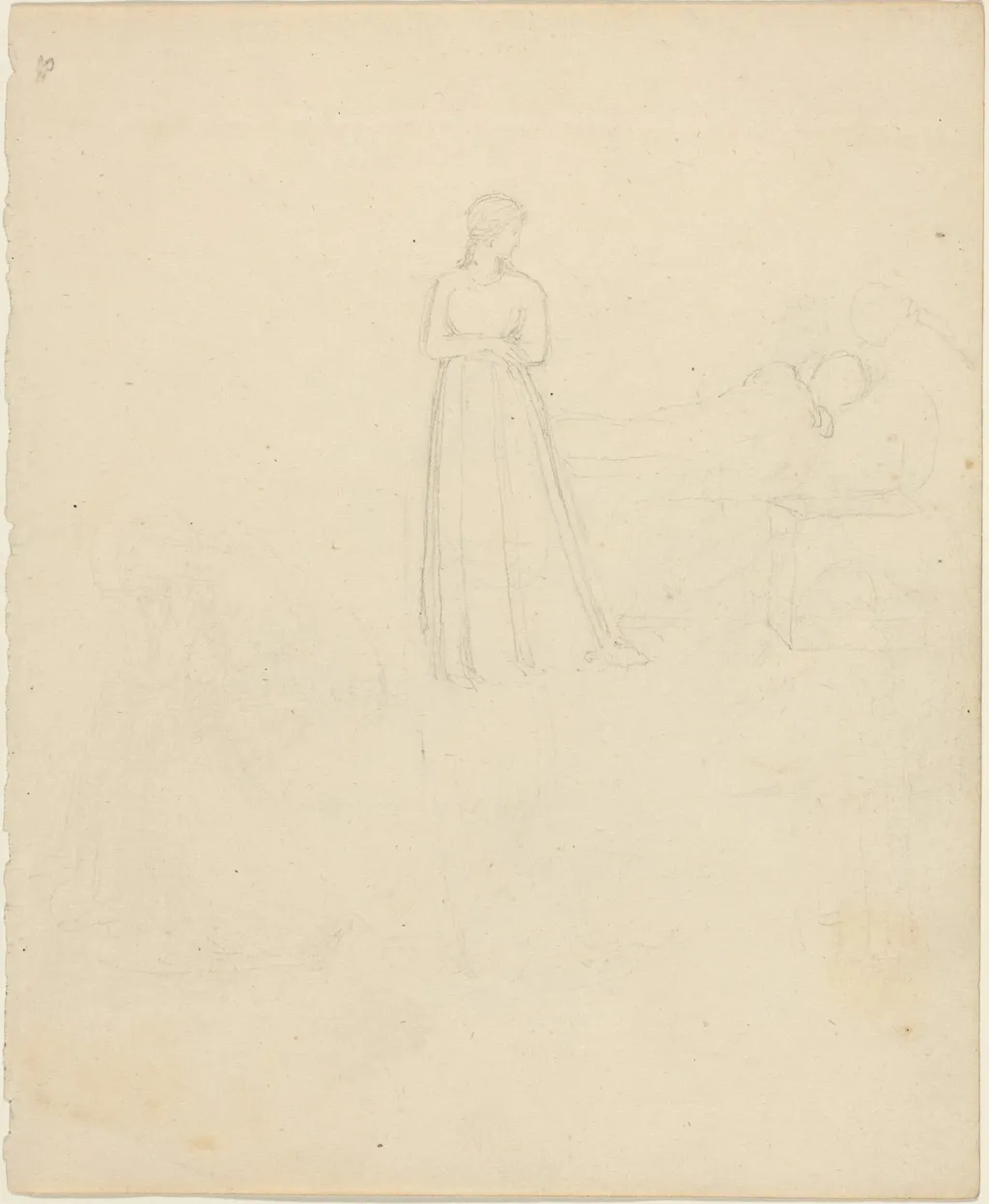 Standing Female Figure Looking at Reclining and Seated Figures, by John Flaxman, graphite, 1790