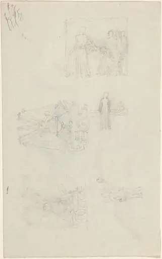 Studies of a Sickbed and Decorations for the Façade of Buckingham Palace [recto and verso], by John Flaxman