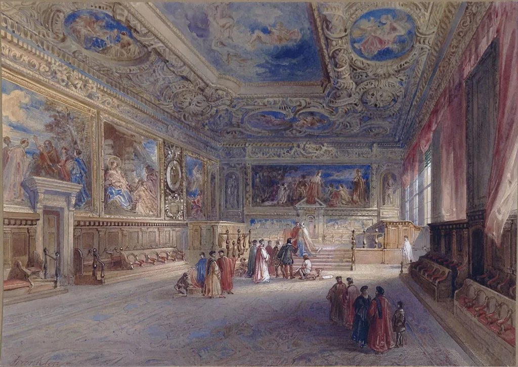 The hall of the council, Doge's Palace, Venice, by John Franklin, watercolor, 1830