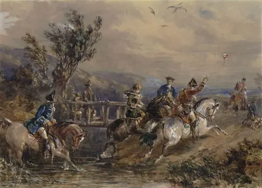 Hawking party crossing a stream, by John Frederick PRWS Tayler